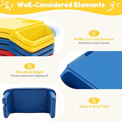 6 Pack Kids Lap Desk, Portable Activity Tray with Side Storage, Stackable Plastic Breakfast Laptop Trays for Home, Classroom, Daycare (Red+Blue+Yellow)