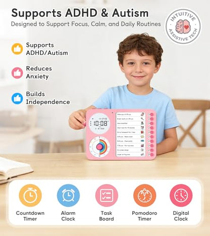 3-in-1 Visual Timer & ADHD Tool for Kids with Chore Chart & Planning Board - color: Pink