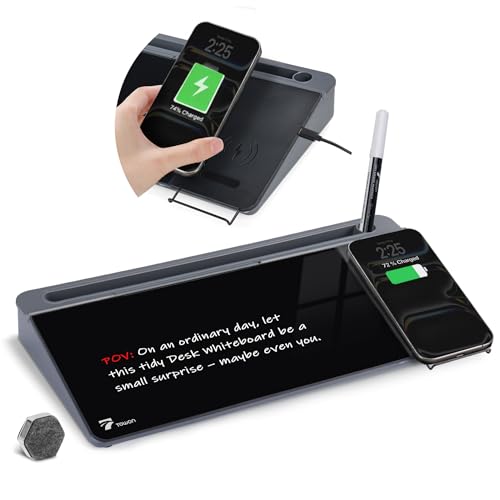 TOWON Glass Desk Whiteboard 16x7 in, Wireless Charger and Storage, Black - color: Charger Black