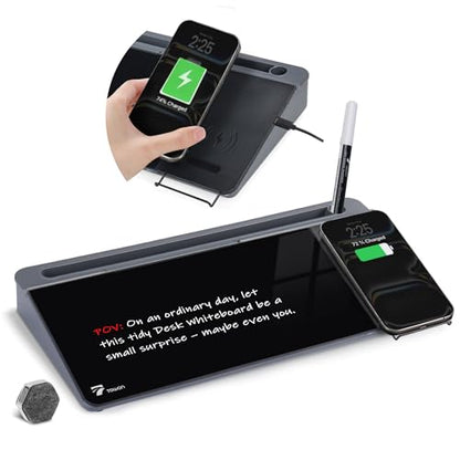 TOWON Glass Desk Whiteboard 16x7 in, Wireless Charger and Storage, Black - color: Charger Black