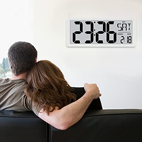 TXL 14.2" Large Digital Day Wall Clock, Custom 8 Languages Calendar, Count up-Down Timer and Temp Reminder, 12/24Hr Desktop Alarm Clock with Extra Large Display for Home Office Studio Hotel, White - color: White-14.2in