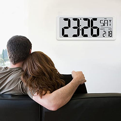 TXL 14.2" Large Digital Day Wall Clock, Custom 8 Languages Calendar, Count up-Down Timer and Temp Reminder, 12/24Hr Desktop Alarm Clock with Extra Large Display for Home Office Studio Hotel, White - color: White-14.2in
