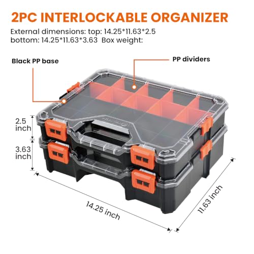 2PC Interlockable Tool Organizer, Toolbox with Adjustable Dividers & Bins & Transparent Lids Portable Hardware Storage Box for Screws, Nuts, Fishing Accessories (Black&Orange) - style: 2 PC Interlockable Organizer