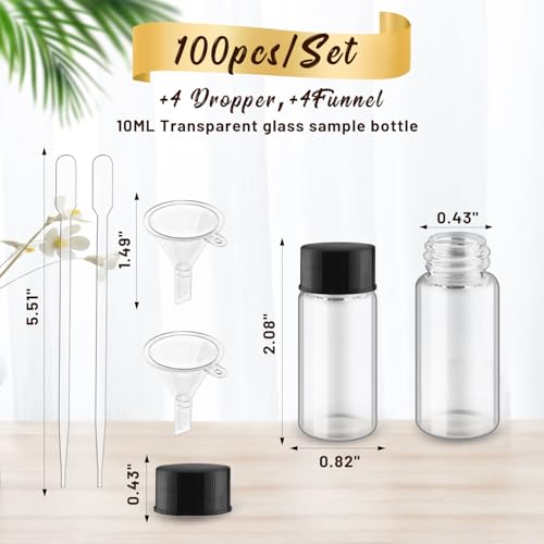 100 Pack,Glass Essential Oil Bottle with Screw Caps,Empty Refillable Travel Glass Liquid Sample Vial Labs Preservation Storage Leakproof Vials Test Container with Black Screw Caps (Clear, 10ml) - color: Clear, size: 10ml