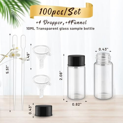 100 Pack,Glass Essential Oil Bottle with Screw Caps,Empty Refillable Travel Glass Liquid Sample Vial Labs Preservation Storage Leakproof Vials Test Container with Black Screw Caps (Clear, 10ml) - color: Clear, size: 10ml