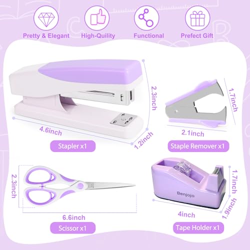 Purple Desk Accessories Set for Women, Stapler and Tape Dispenser Set with Scissor, Staple Remover, Clips & Tabs, Cute Office Supplies Kit for Desk Organization, School, Home & Office, Gift Idea - color: Purple