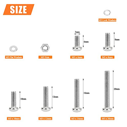 HELIFOUNER 500 Pieces M3 x 6mm /8mm /10mm /12mm /16mm /20mm, Phillips Pan Head Machine Screws, Metric Screws Bolts Washers Nuts Kit, 304 Stainless Steel - size: M3