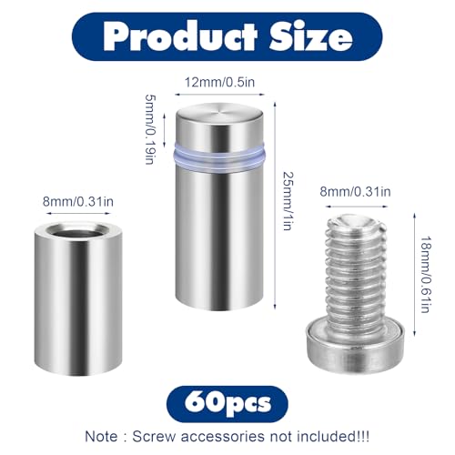 60 Pcs Sign Standoff Screws, Advertising Screws Stainless Steel Wall Standoff Mounts Glass Acrylic Nail for Glass Artwork and Sign Displays, Stainless Steel Sign Mounting Bracket (1/2 x 1 Inch)