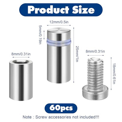 60 Pcs Sign Standoff Screws, Advertising Screws Stainless Steel Wall Standoff Mounts Glass Acrylic Nail for Glass Artwork and Sign Displays, Stainless Steel Sign Mounting Bracket (1/2 x 1 Inch)