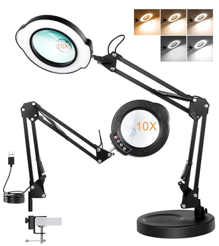 10X 15X Magnifying Glass with Light and Stand, LED Desk Magnifying Lamp with Base and Clamp, 5 Color Modes, 10 Dimmable Levels Lighted Desktop Magnifier for Reading, Crafts, Jewelry, Sewing