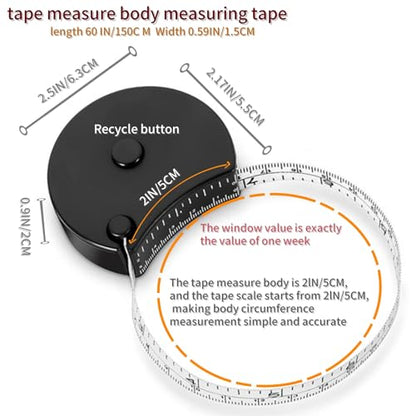 Soft Body Measuring Tape Measure Window Reading Retractable Metric 60IN - color: black