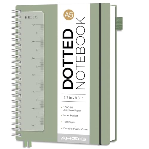 AHGXG Dotted Journal, Grid Spiral Notebook, 160 Pages, A5 (5.7" x 8.3") - color: Sage Green, style: A5-Dotted