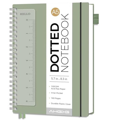 AHGXG Dotted Journal, Grid Spiral Notebook, 160 Pages, A5 (5.7" x 8.3") - color: Sage Green, style: A5-Dotted