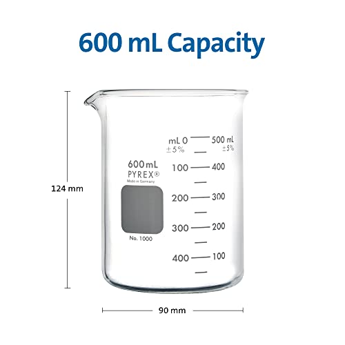 PYREX Griffin Borosilicate Glass Beaker- Low Form Graduated Measuring Beaker with Spout– Premium Scientific Glassware for Laboratories, Classrooms or Home Use - PYREX Chemistry Glassware, 600mL, 2/Pk - size: 600 mL