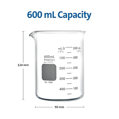 PYREX Griffin Borosilicate Glass Beaker- Low Form Graduated Measuring Beaker with Spout– Premium Scientific Glassware for Laboratories, Classrooms or Home Use - PYREX Chemistry Glassware, 600mL, 2/Pk - size: 600 mL