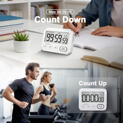 Digital Kitchen Timer Magnetic Loud Alarm, Large LCD Screen Silent/Beeping Multi-Function for Teachers Classroom Kids, Silver - color: Silvery