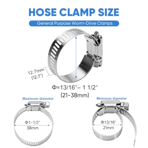 TICONN 12PCS Hose Clamps Set 304 Stainless Steel, 13/16"-1-1/2" Worm Gear - size: SAE #12 12PCS 13/16''~1-1/2"