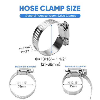 TICONN 12PCS Hose Clamps Set 304 Stainless Steel, 13/16"-1-1/2" Worm Gear - size: SAE #12 12PCS 13/16''~1-1/2"