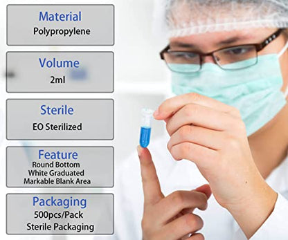 2ml Microcentrifuge Tubes 100pcs, EO Sterilized Plastic Small Vials with Caps for Sample Storage Without Leakage(100) - size: Sterile 2ml 100pcs