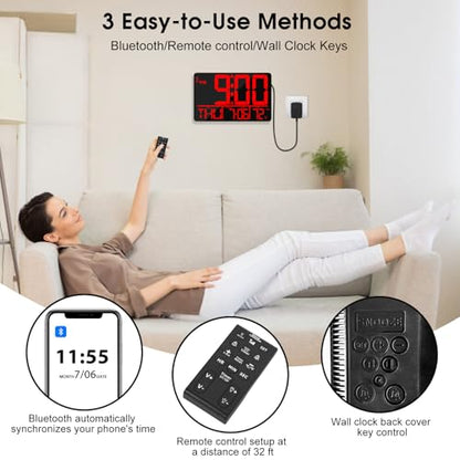 13" Bluetooth Auto Sync Wall Clock - Large Digital Alarm Clock with Remote - style: Red Numbers