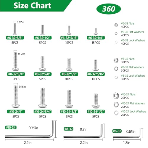 360Pcs Machine Screws #6-32#8-32#10-24 Bolt Nut Washer Kit,304SS - size: 360Pcs #6-32#8-32#10-24