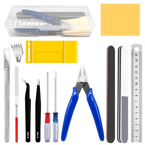 17Pcs Hobby Model Basic Tool Kit Contains Flush Pliers, Mini File, Crafting Knife with Replacement Blades, Tweezers, Professional Modeling Building Fixing Set for Gundam