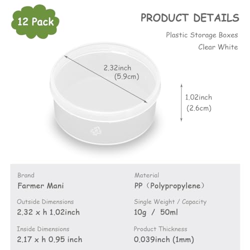 12 Pcs Clear Plastic Round Storage Jars, 1.7 oz D/2.32 x H/1.02 Inch Beads Storage Containers Box for Storage Small Items, Hardware, Buttons, Small Jewelry - size: 50ml / 2.32"D x 1.02"H