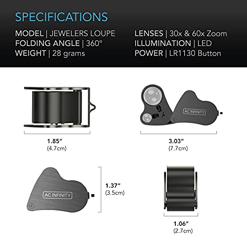 AC Infinity Illuminated Jewelers Loupe, Pocket Magnifying Glass 30x 60x