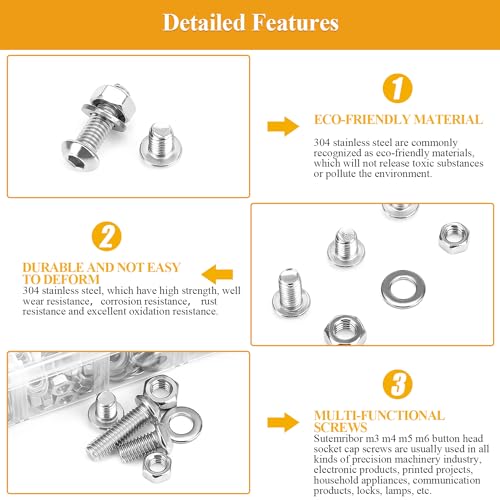 815 Pieces M3 M4 M5 M6 Button Head Socket Cap Screws Nuts Washers Assortment Kit, Metric Screw Assortment with Hex Wrenches, 304 Stainless Steel, Fully Threaded - size: M3M4M5M6 (815 Pieces), style: Button Head