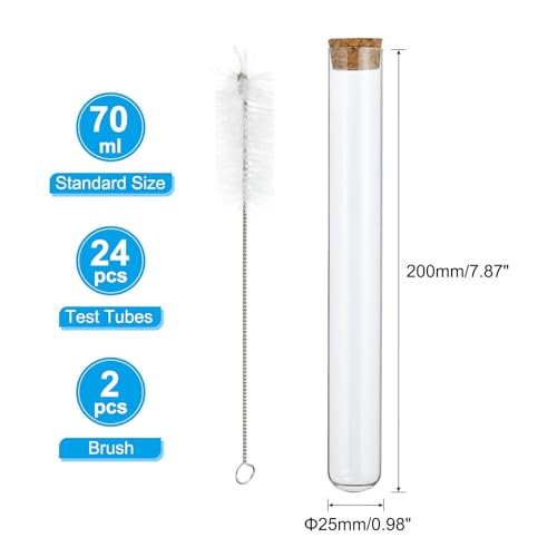 PATIKIL 70ml Test Tubes, 24pcs 7.87x0.98in Glass Clear Round Bottom Test Tube Containers with Cork Stopper for Bead Party Candy Bath Salt Storage Scientific Experiment Plant Propagation - size: 70ml