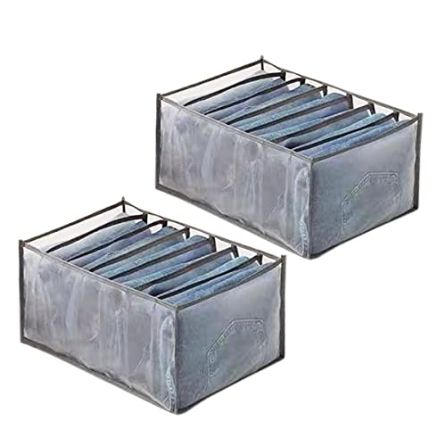 Wardrobe Clothes Organizer, 7 Grids Washable Portable Closet Organizer Mesh Separation Storage Box Foldable Closet Drawer Organizer for Underwear, Socks, Scarves, Jeans (Grey, 2 Jeans Grid) - size: 2 Jeans Grid