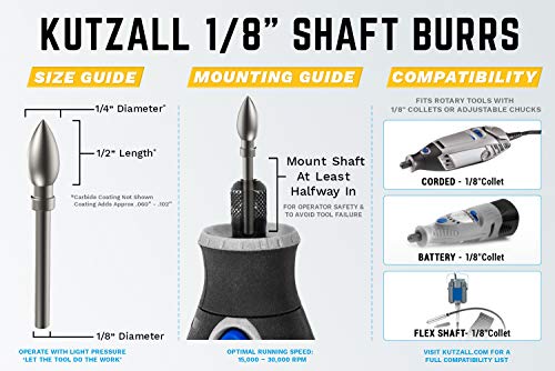 Kutzall Extreme Flame Rotary Burr, 1⁄8" Shaft, Very Coarse- Wood Carving Bit for Dremel, Foredom, DeWalt, Milwaukee. Abrasive Tungsten Carbide, 1⁄4" (6.3mm) Dia. X 1⁄2" (12.7mm) Length FLX-14-EC