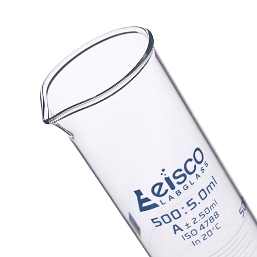 Graduated Cylinder, 500ml - Class A Tolerance ±2.50ml - Hexagonal Base - Blue Graduations - Borosilicate 3.3 Glass - Eisco Labs - size: 500mL