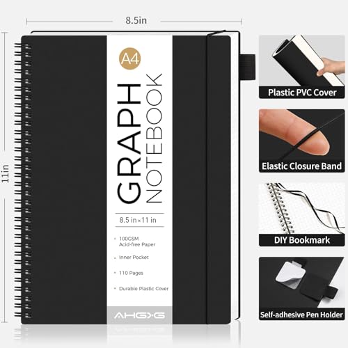 AHGXG Spiral Graph Paper Notebook, 110 Pages, A4 (8.5" x 11") - color: Black, style: A4-Graph