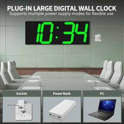 CHKOSDA 18.7in Large Digital Wall Clock,LED Digital Clock whih Big Number,Multi-Function Remote Controlled Wall Clock with Timer, Alarm and Calendar Display(Green) - color: Green