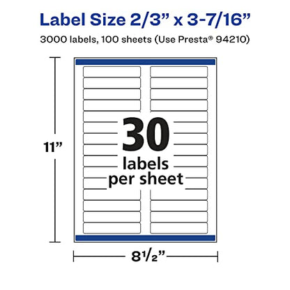 Avery® Matte White Removable Rectangle Labels, Sure Feed® Technology, 2/3" x 3-7/16", 3,000 Removable Labels, Laser/Inkjet Printable - style: 3,000 labels