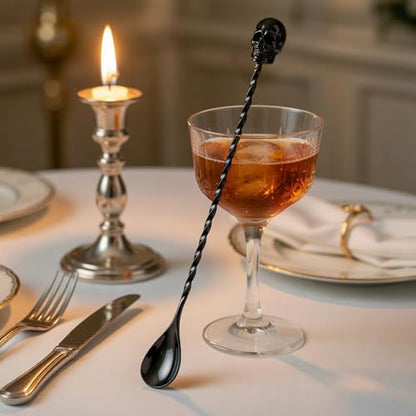 Homestia 12'' Gothic Skull Bar Spoon, Cocktail Mixing Spoon for Bartending - color: Skull 12" + Black