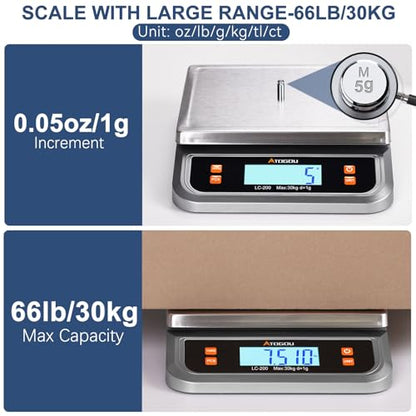 Atogou 66lb Food Scale, Commercial Kitchen Scale Plug-in Usable with Full View LCD Display, Stainless Steel, for Baking, Bread, Cooking, Meat, Vegetables, Farm, Industry LC200 Grey - size: Grey 66 lb (30 kg)