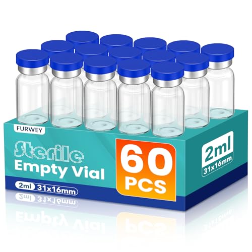 FURWEY 2ML Sterile Vials, Glass Empty Vials for Injection, 60 Pack - size: 2ML-60P