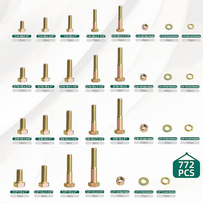 772 Pcs Grade 8 Bolt and Nuts Assortment Kit
