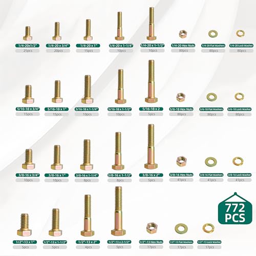 772 Pcs Grade 8 Bolt and Nuts Assortment Kit