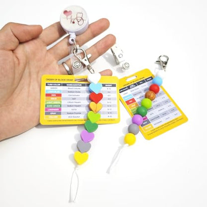Order of Blood Draw Beads with Reference Card, Phlebotomist Badge Reel Visual Aid Tool Accessories, RN Badge Buddy, Phlebotomy Essentials, Nurse Supplies - color: Heart and Round Blood Draw Beads With Yellow Card