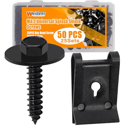 weideer 50PCS M4.2 Universal Fender Liner Screw U Nut Kit,Engine Splash Shield Hex Head Screw U Clips,Automotive Body Screws Clips (25sets) - color: BK-M4.2