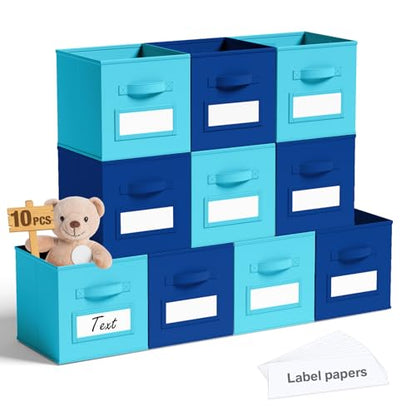 10 Pack Fabric Storage Cubes with Label 11" Collapsible Cube Bins, Blue - color: Lake Blue, Royal Blue, size: 11 Inch