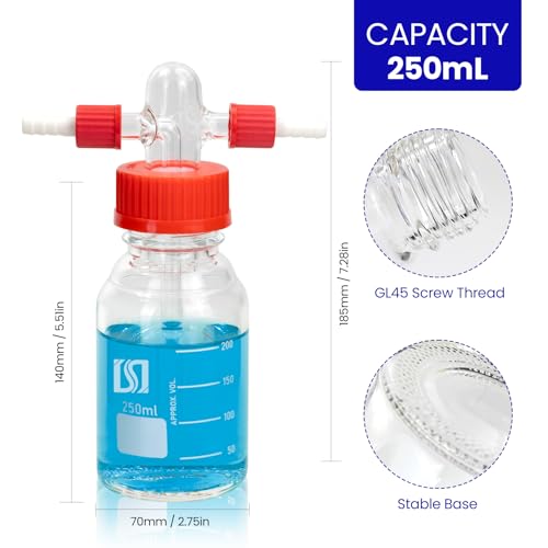 ALWSCI 250ml Gas Washing Bottle Lab Glass Drechsel Head GL45 1Set - size: 8.5 Ounces
