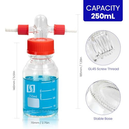 ALWSCI 250ml Gas Washing Bottle Lab Glass Drechsel Head GL45 1Set - size: 8.5 Ounces