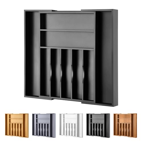 Large Premium Bamboo Silverware Organizer - Expandable Drawer Organizer & Utensil Organizer - 17"x19.7" Cutlery Tray with Dividers for Kitchen Utensils and Flatware (7-9 Slots) (Black) - color: Black, size: 9 Slots Expandable