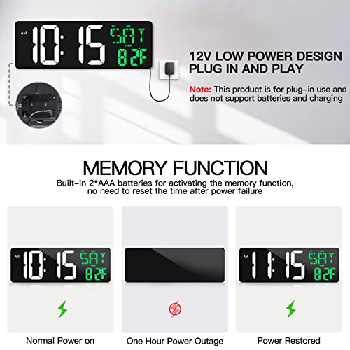 17" Large Digital Wall Clock with Remote, Auto Dimmer, Date Temp, Timer - color: Green + White