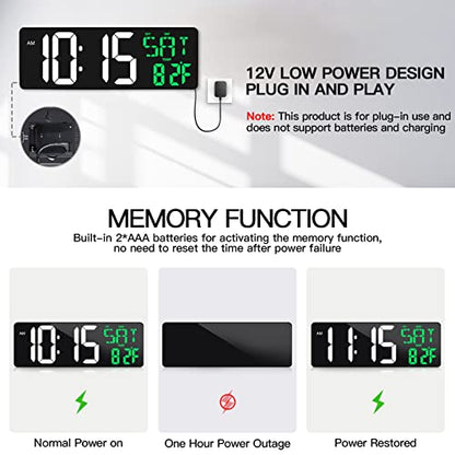 17" Large Digital Wall Clock with Remote, Auto Dimmer, Date Temp, Timer - color: Green + White