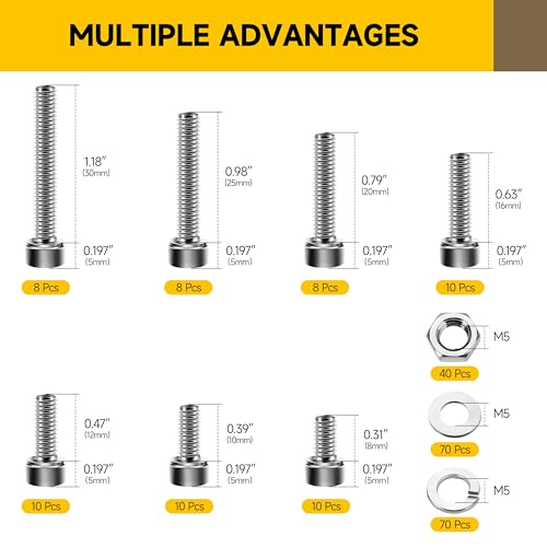 Mywish 244Pcs M5 Screw Metric Screw Assortment Kit 304 Stainless Steel Hex Socket Head Cap Metric Screws Bolts, Spring Lock & Flat Washers/Nuts/Hex Wrenches M5*8/10/12/16/20/25/30mm - color: SIiver, size: 244Pcs M5